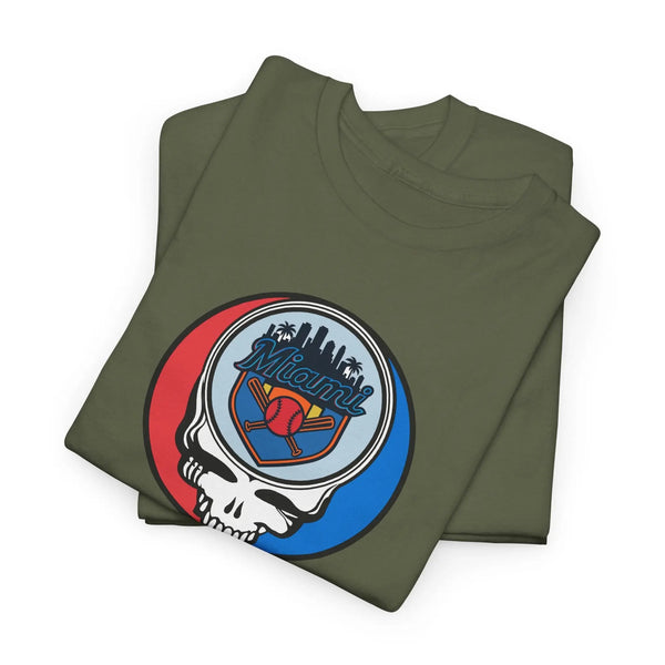 Olive green crewneck graphic T-shirt with circular skull logo on the chest