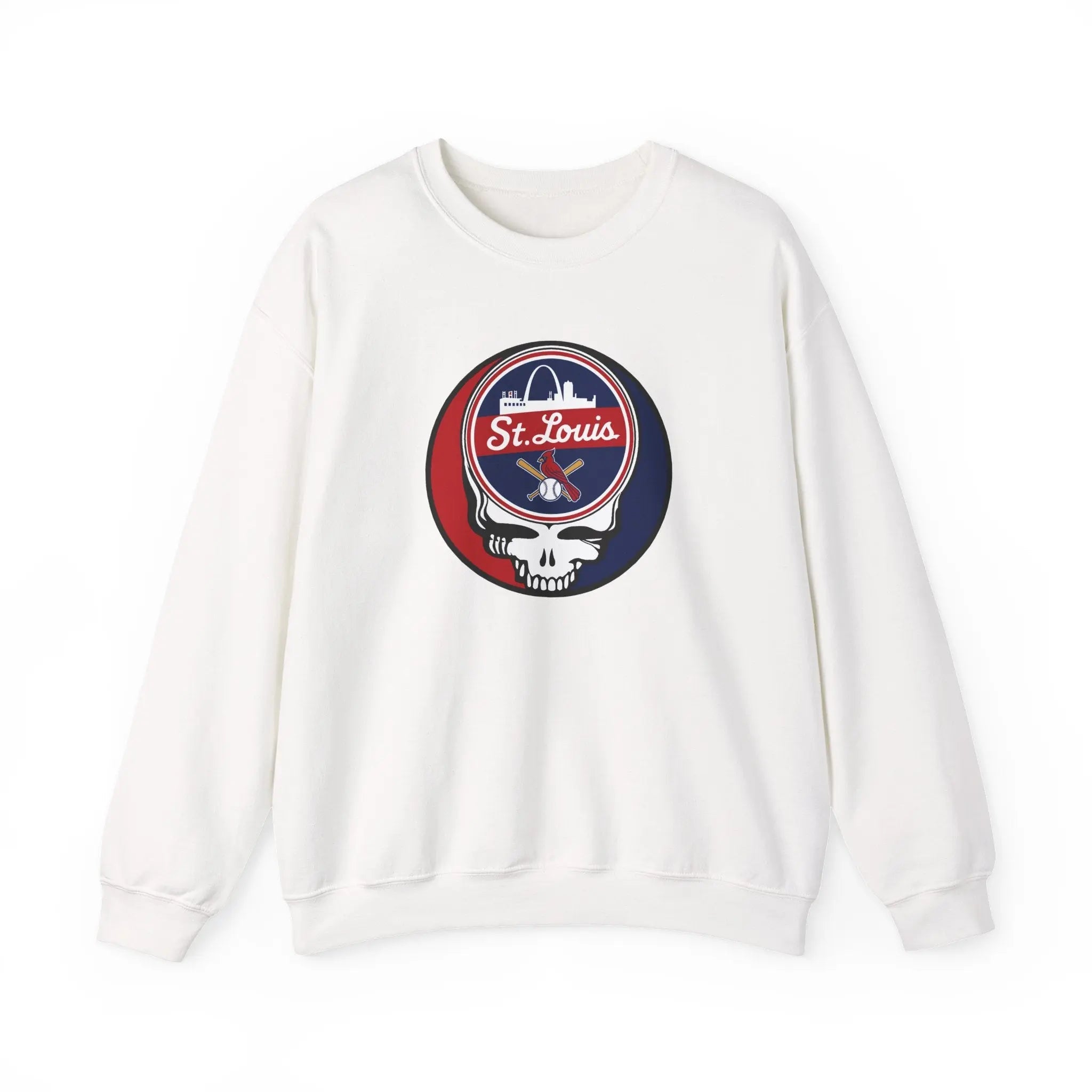 White crewneck sweatshirt with St. Louis logo graphic on center chest