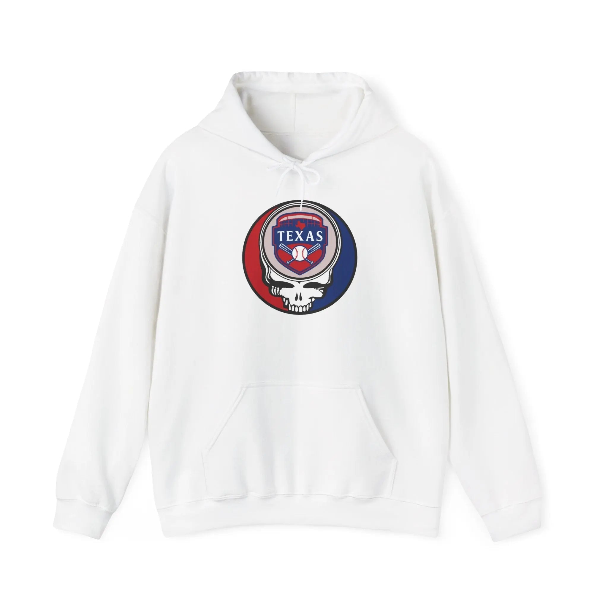 White hoodie with drawstring hood, front pocket, and TEXAS circular skull graphic