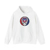 White hoodie with drawstring hood, front pocket, and TEXAS circular skull graphic