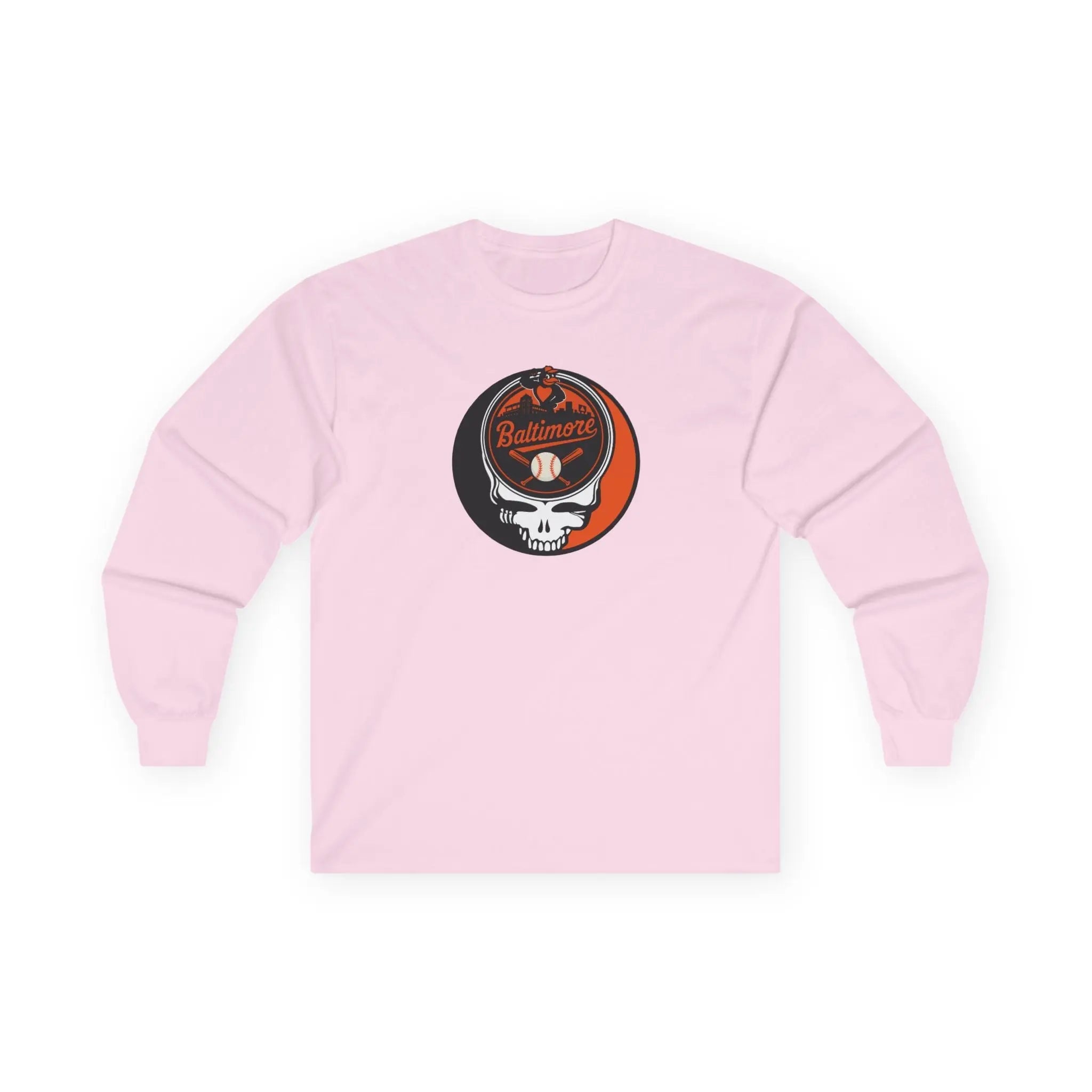 Light pink long-sleeve T-shirt with Stealie skull logo on the chest