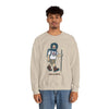 Light sand crewneck sweatshirt with hiker graphic, model wearing