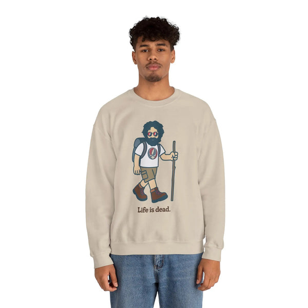Light sand crewneck sweatshirt with hiker graphic, model wearing