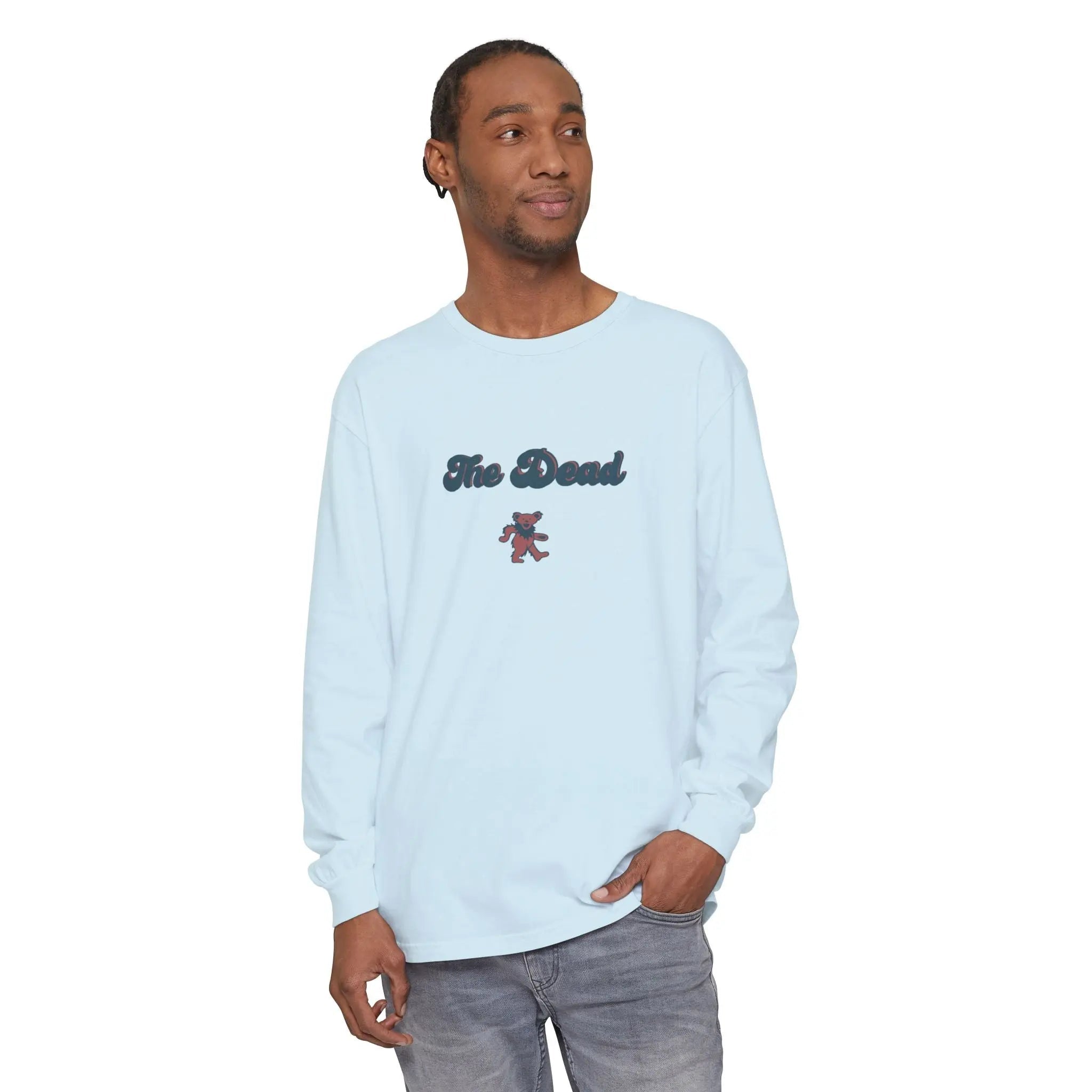 Chambray blue long-sleeve crewneck T-shirt with 
