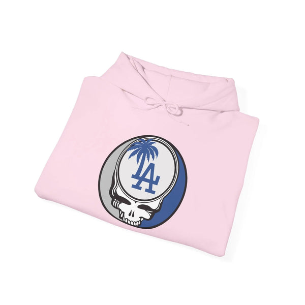 Los Angeles Dodgers pale pink hoodie with front Stealie LA emblem and hood drawstring