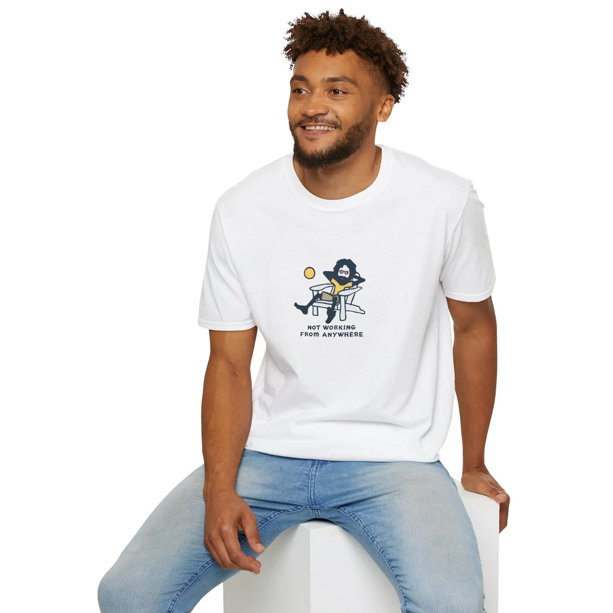 White crew-neck T-shirt with cartoon “NOT WORKING FROM ANYWHERE” graphic on chest