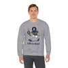 Heather gray crewneck sweatshirt on model with cartoon graphic and "Life is dead"
