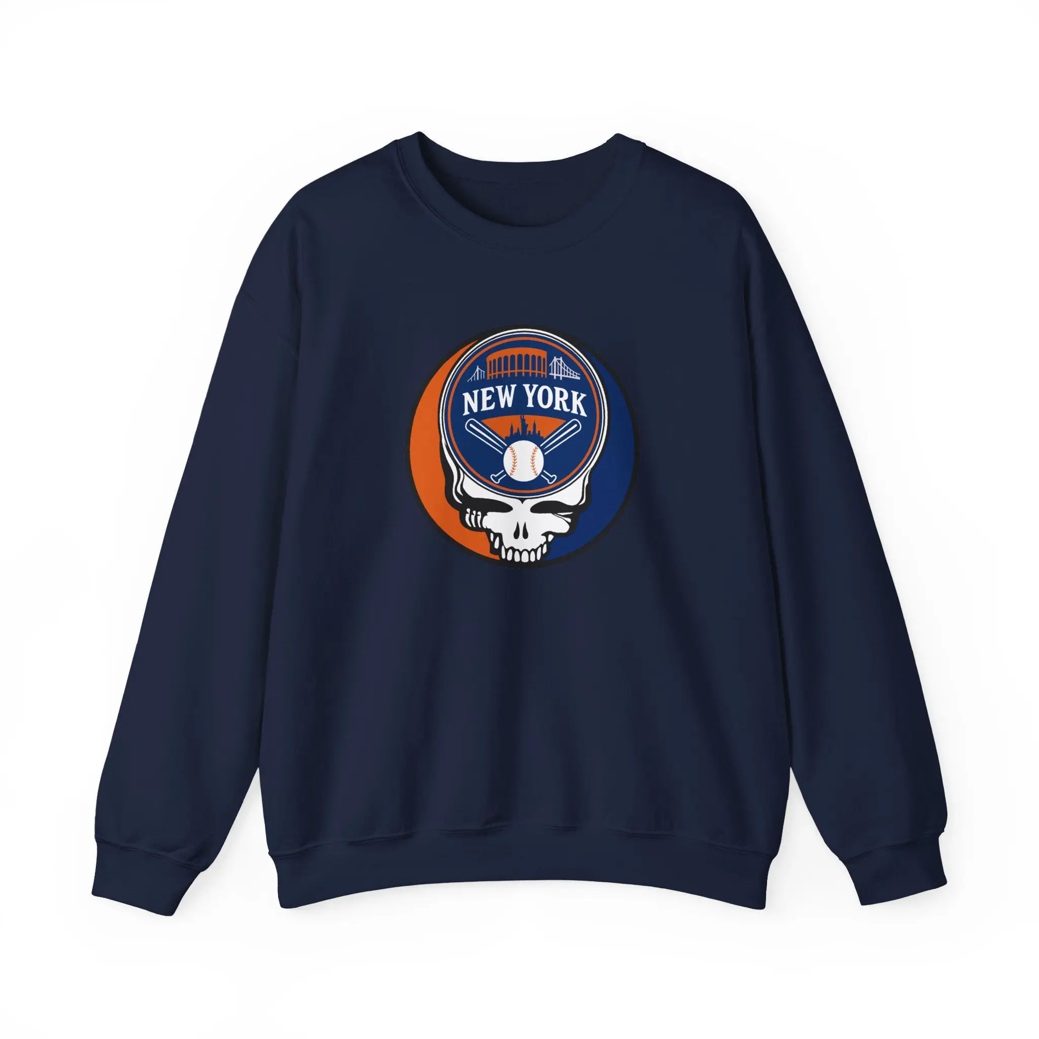 Navy crewneck sweatshirt with circular New York Mets Stealie logo graphic