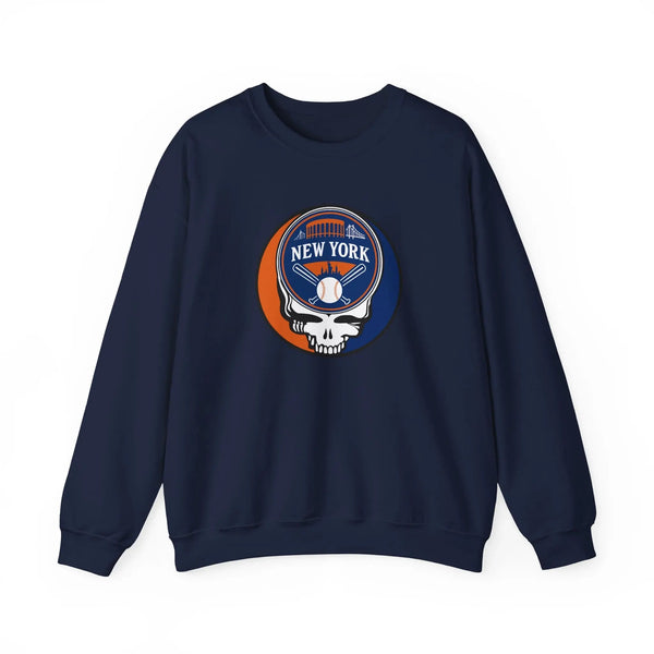 Navy crewneck sweatshirt with circular New York Mets Stealie logo graphic