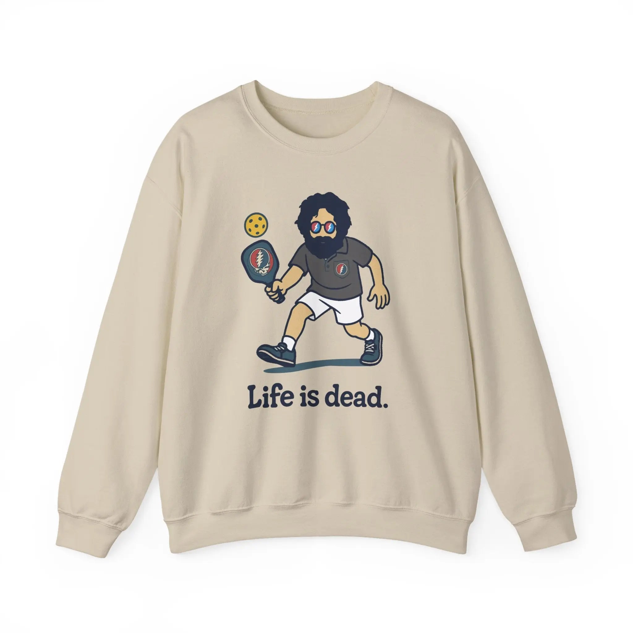 Light sand crewneck sweatshirt with large front character graphic and slogan