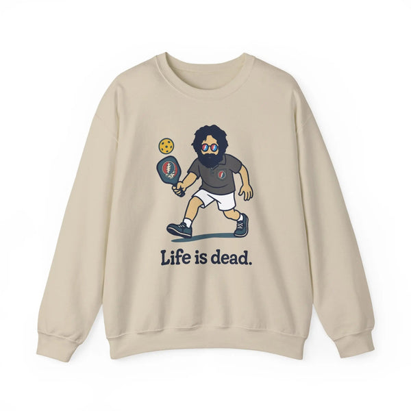Light sand crewneck sweatshirt with large front character graphic and slogan