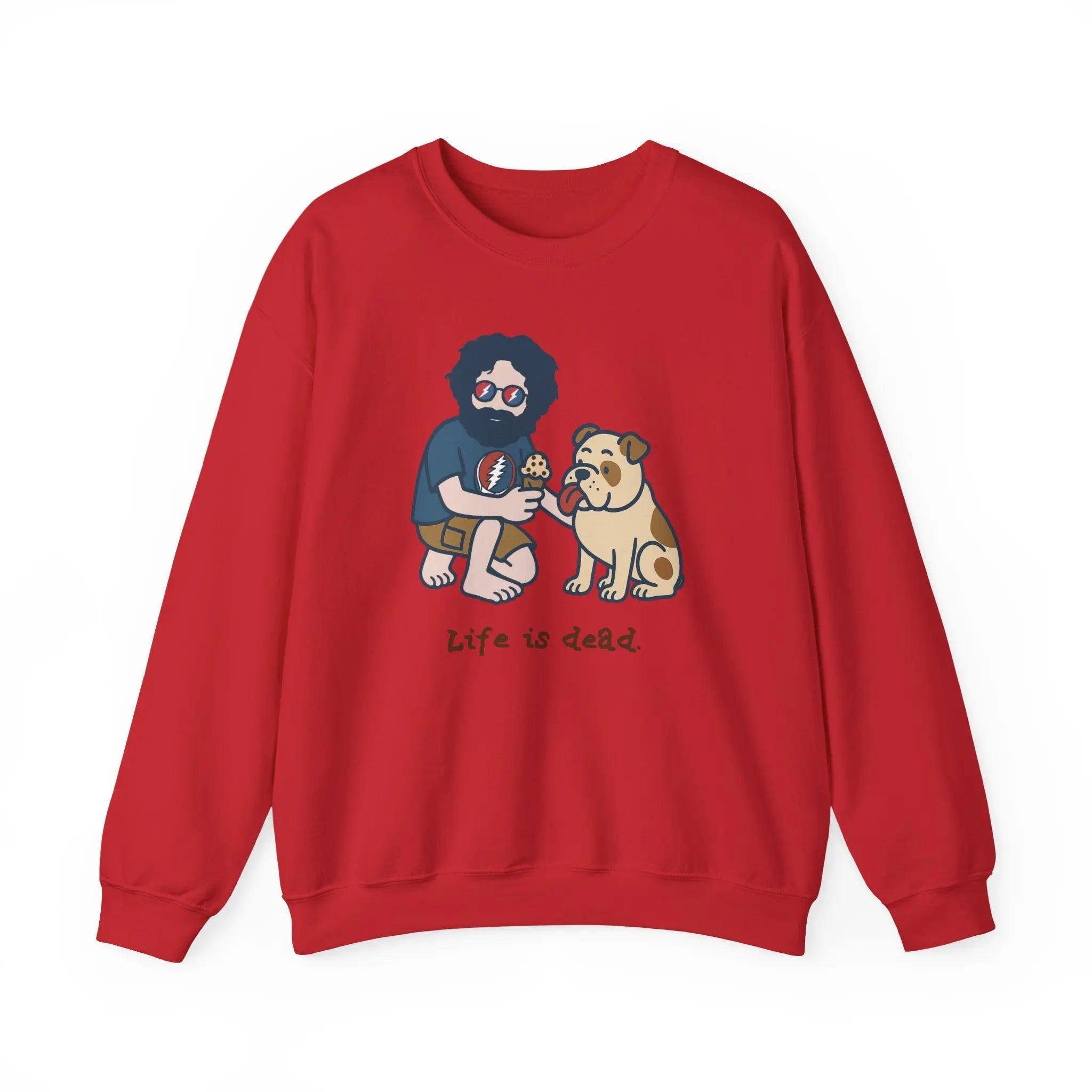Red crewneck sweatshirt with cartoon graphic of two men and a pug dog