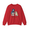 Red crewneck sweatshirt with cartoon graphic of two men and a pug dog