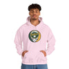 Light pink hoodie with hood and front pouch pocket, Oakland logo skull baseball graphic.