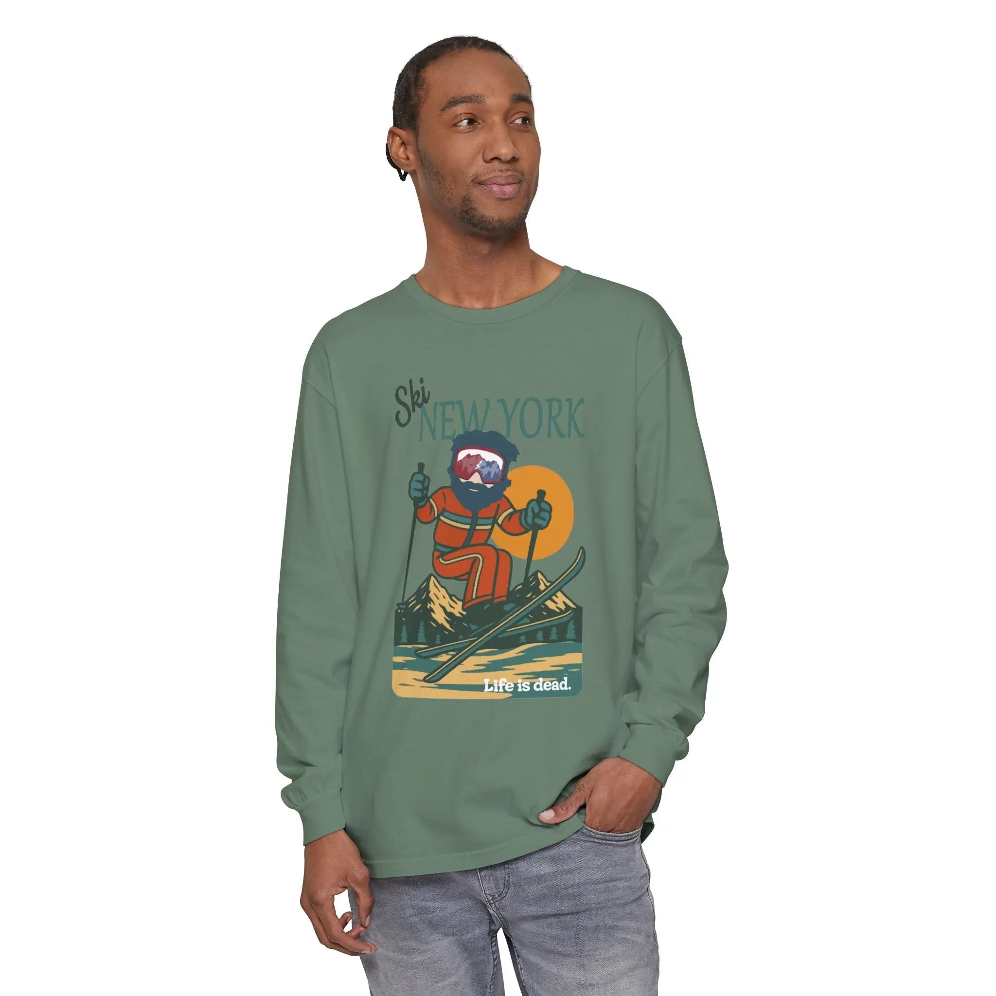 Long-sleeve graphic T-shirt, deep green crew neck, front illustrated print