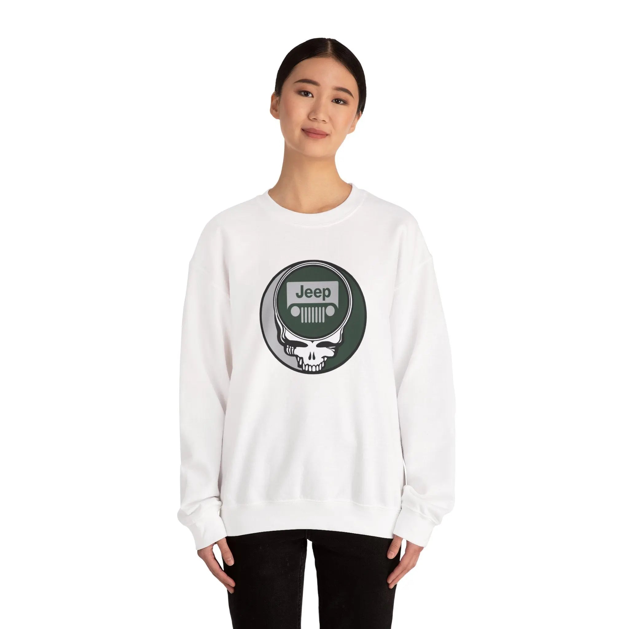 White crewneck sweatshirt with Jeep logo front graphic