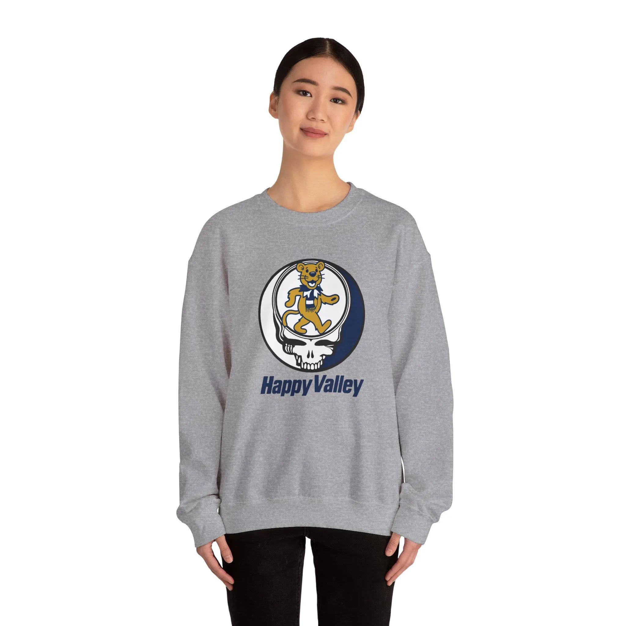 Sport grey crewneck sweatshirt with circular dancing lion logo chest graphic
