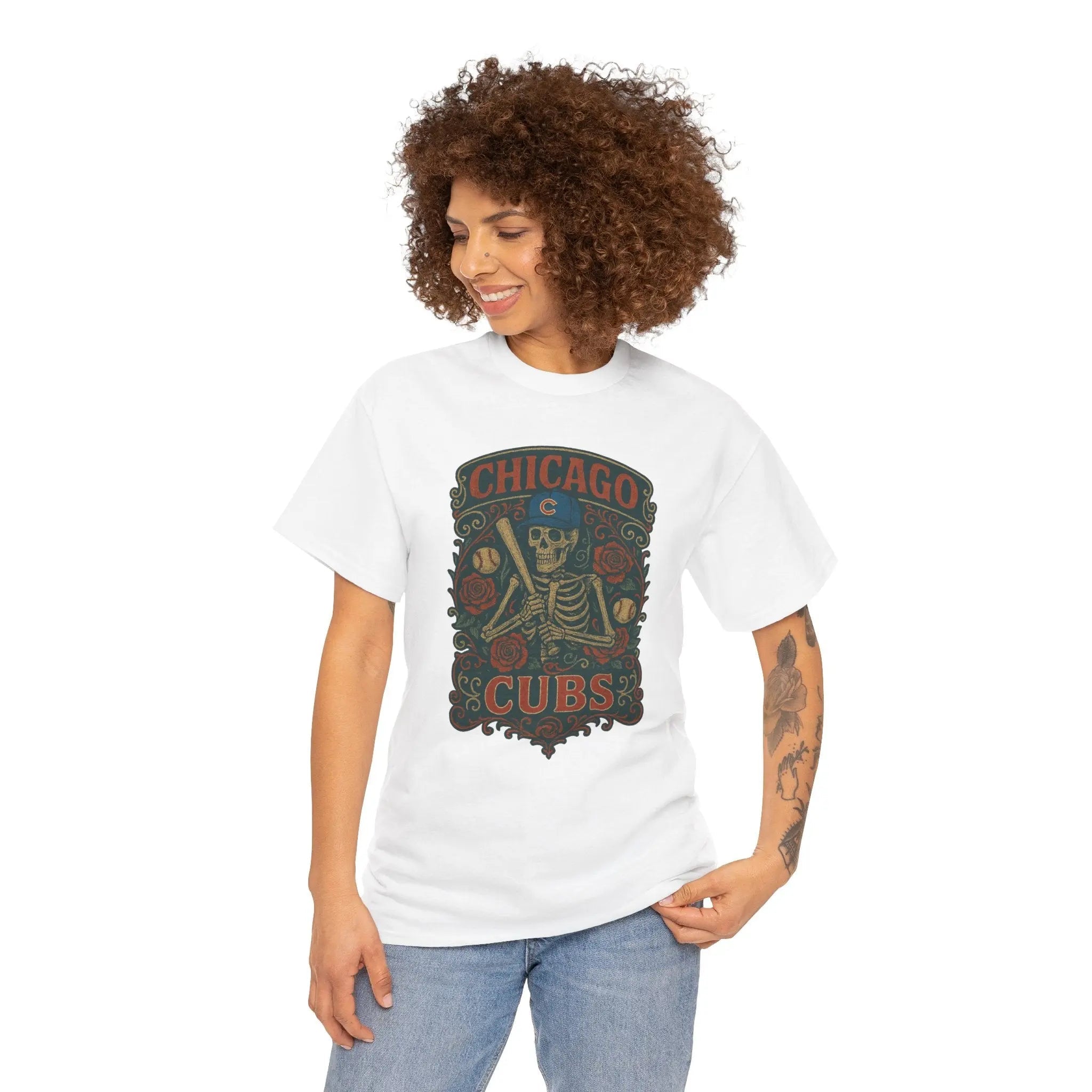 White crewneck T-shirt with Chicago Cubs crest skeleton graphic, side view on model