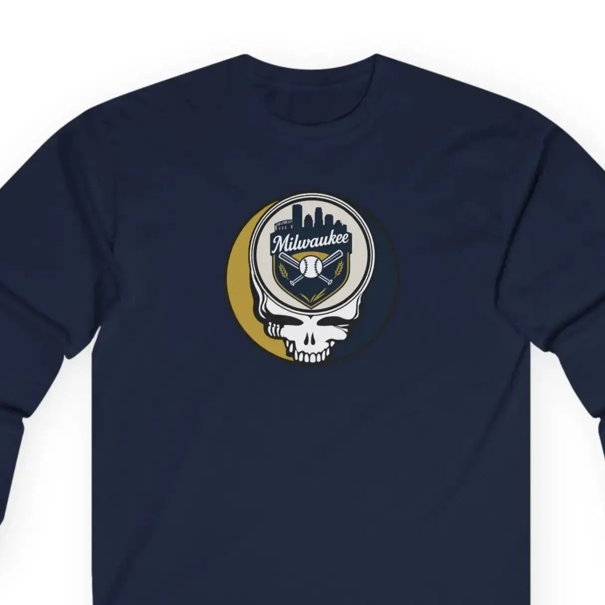 Navy long-sleeve T-shirt with centered Milwaukee baseball skull emblem graphic