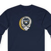 Navy long-sleeve T-shirt with centered Milwaukee baseball skull emblem graphic
