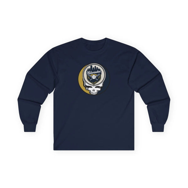 Navy long-sleeve crewneck T-shirt with Milwaukee skull logo on the chest