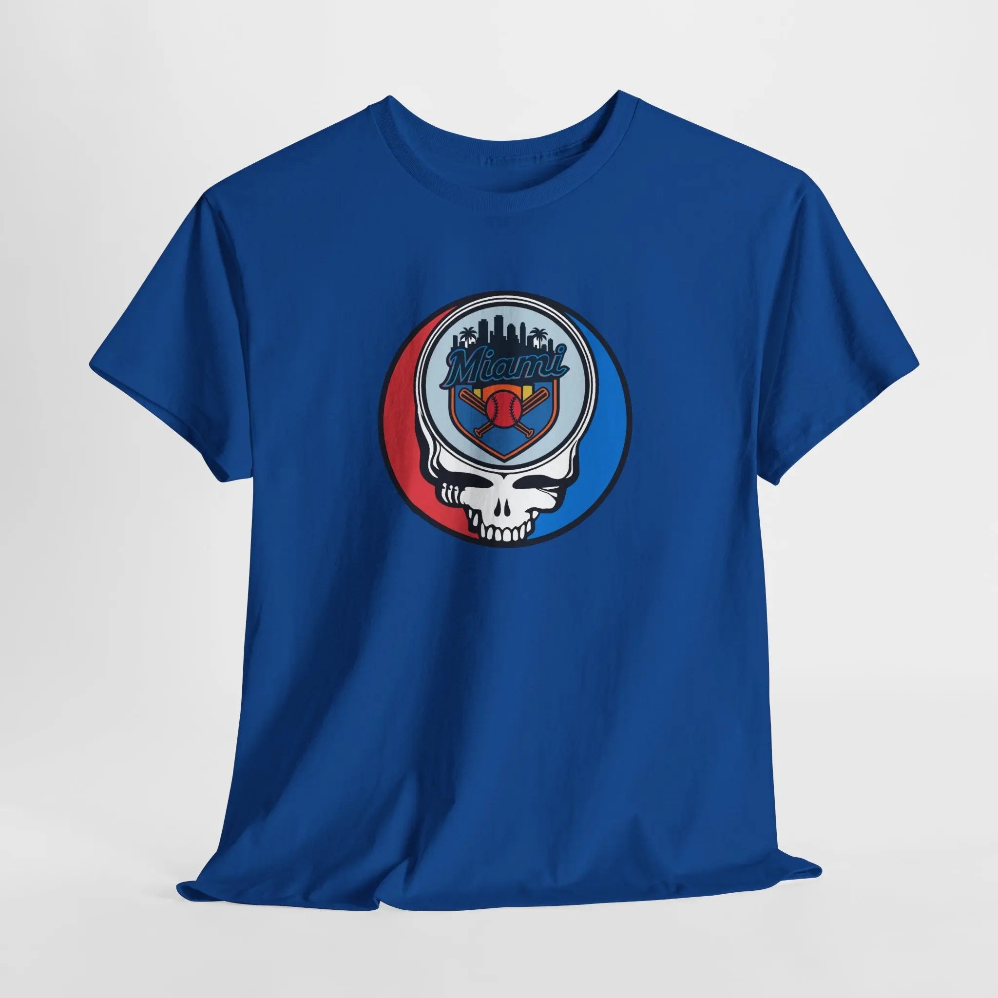Miami Marlins Stealie T-shirt, royal blue, crew neck with circular skull team graphic