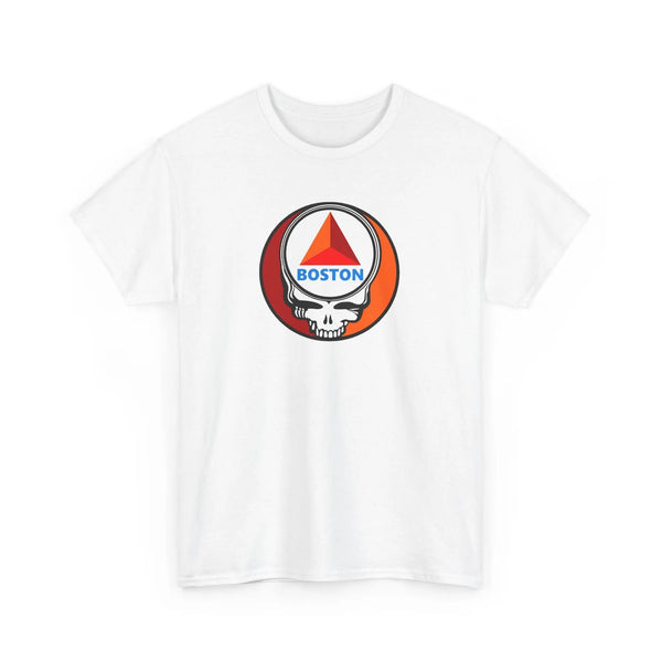 White T-shirt with circular Boston skull graphic at chest