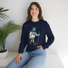 Navy crewneck sweatshirt with hiker character graphic, worn with blue jeans