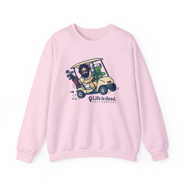 Light pink crewneck sweatshirt with centered front graphic, long sleeves