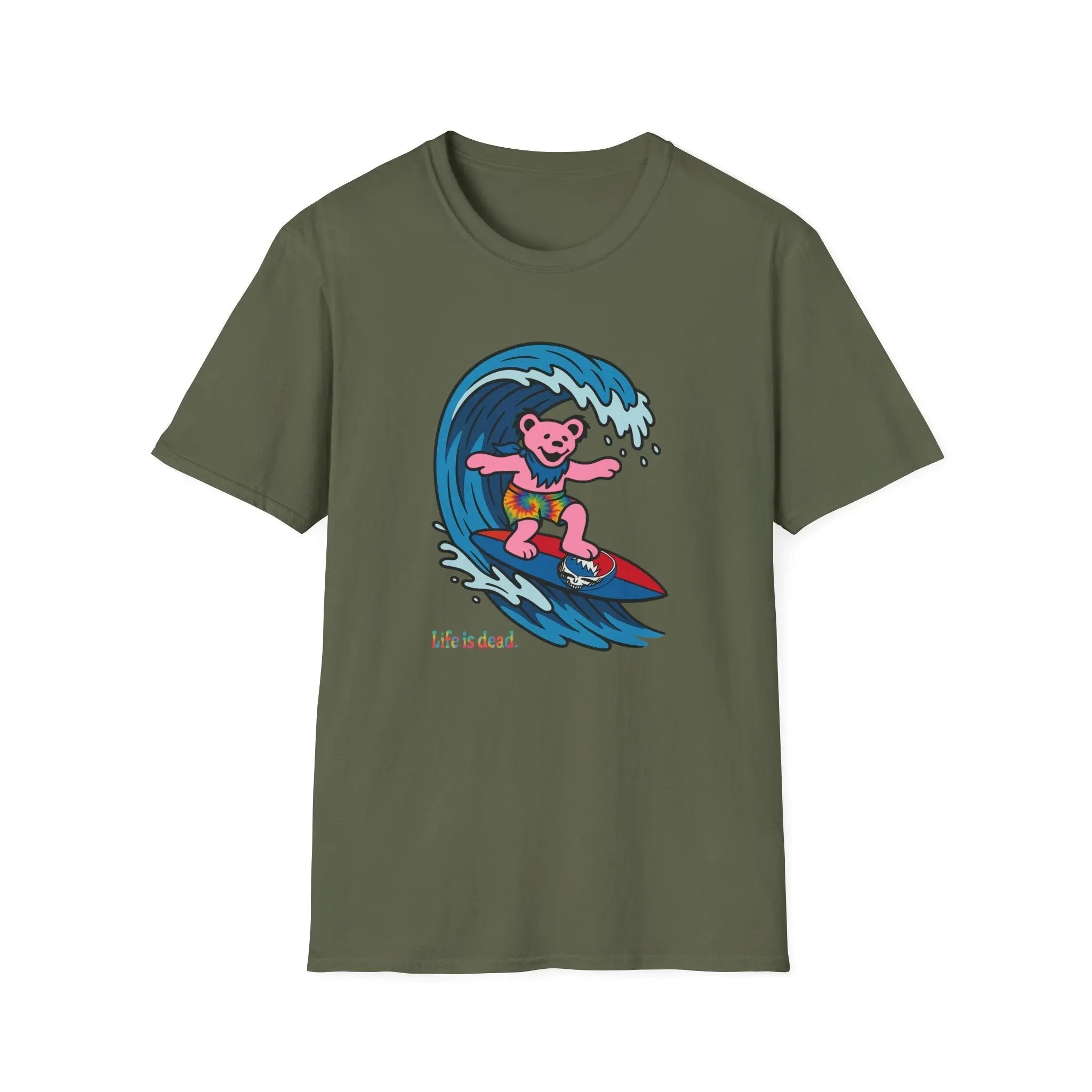 Olive green T-shirt with pink bear surfing wave graphic and “Life is dead” text