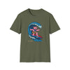 Olive green T-shirt with pink bear surfing wave graphic and “Life is dead” text