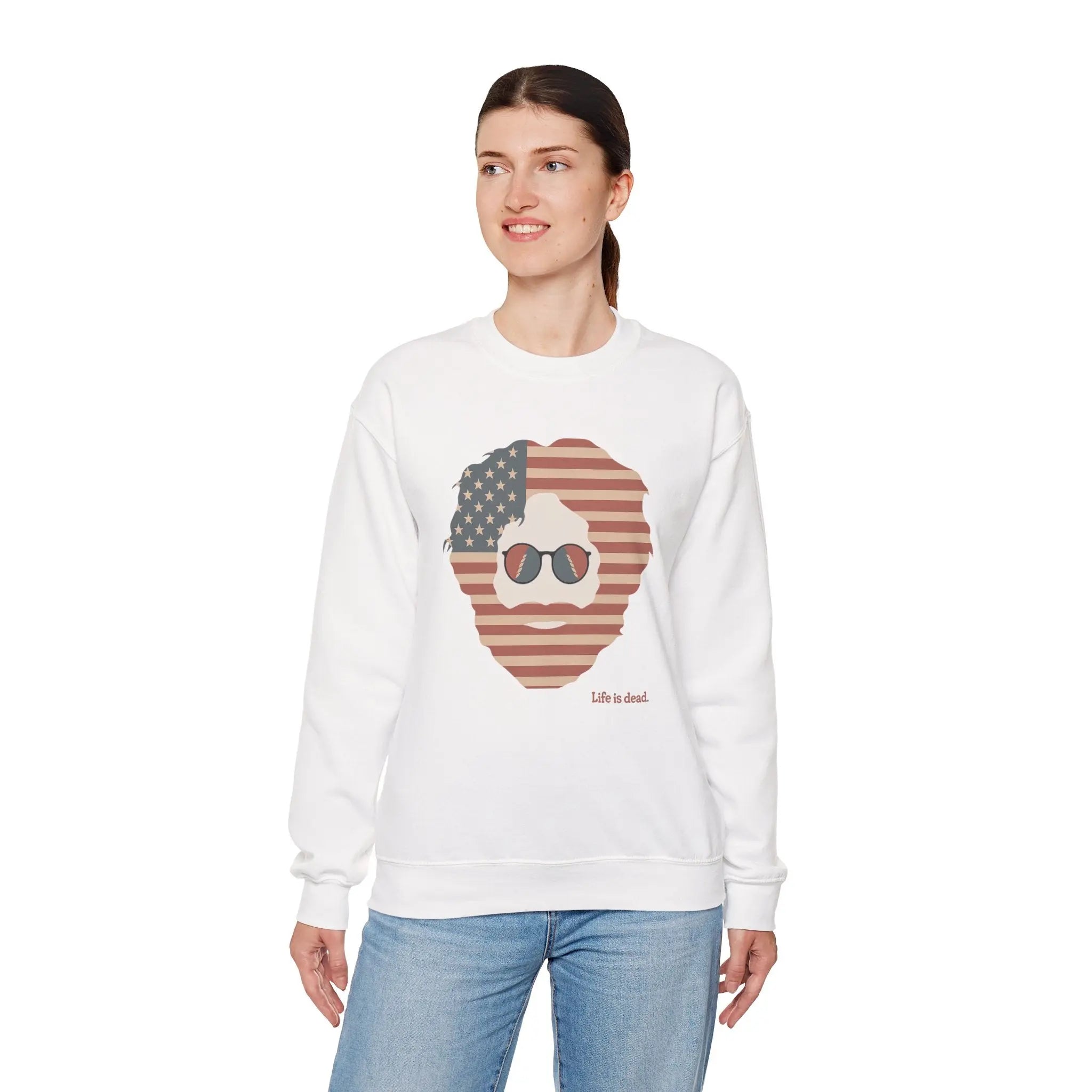 White crewneck sweatshirt with bear graphic and stars-and-stripes sunglasses