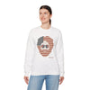 White crewneck sweatshirt with bear graphic and stars-and-stripes sunglasses