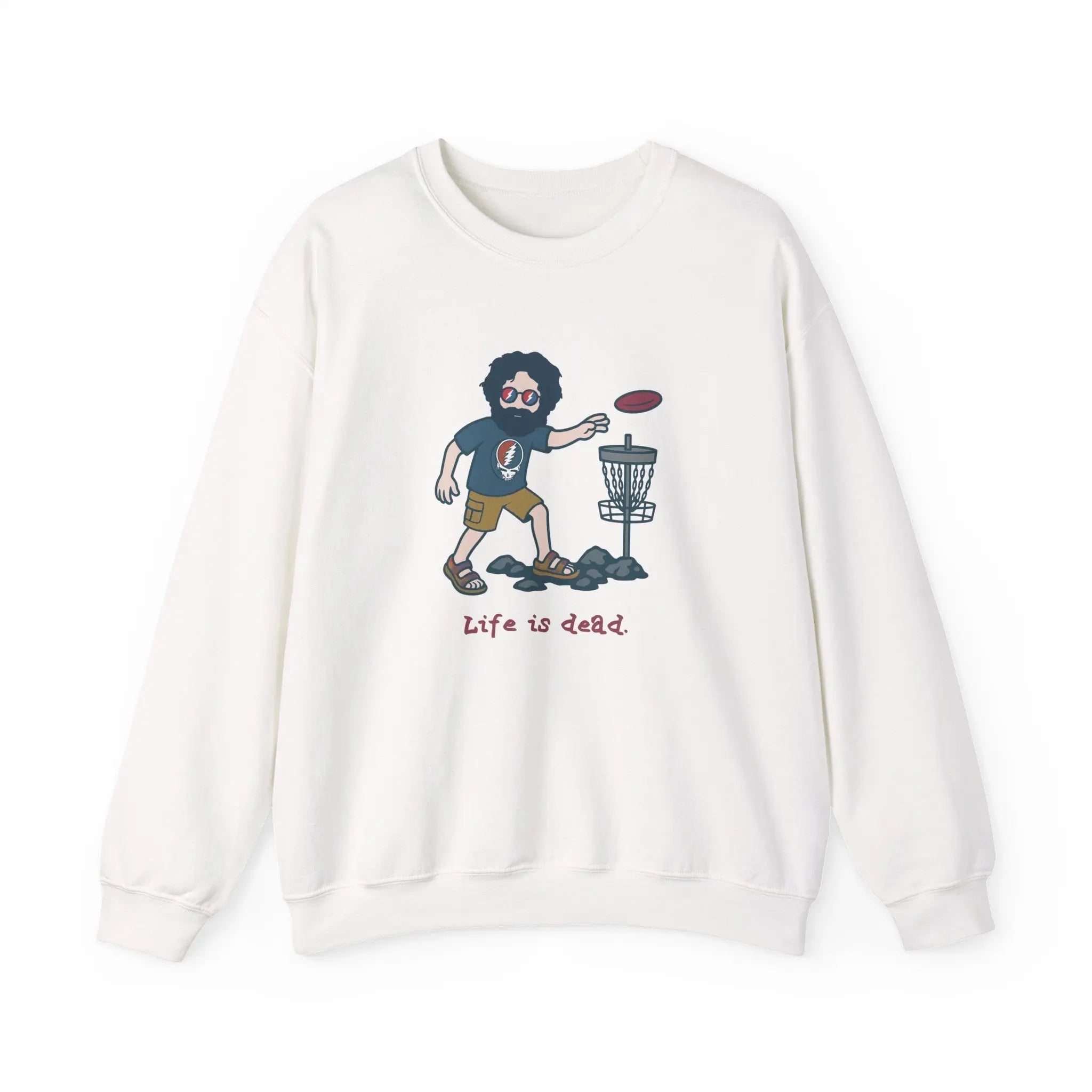 Disc Golfin' Jerry white crewneck sweatshirt, full front cartoon golfer with disc and basket