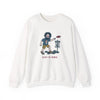 Disc Golfin' Jerry white crewneck sweatshirt, full front cartoon golfer with disc and basket