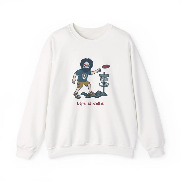 Disc Golfin' Jerry white crewneck sweatshirt, full front cartoon golfer with disc and basket