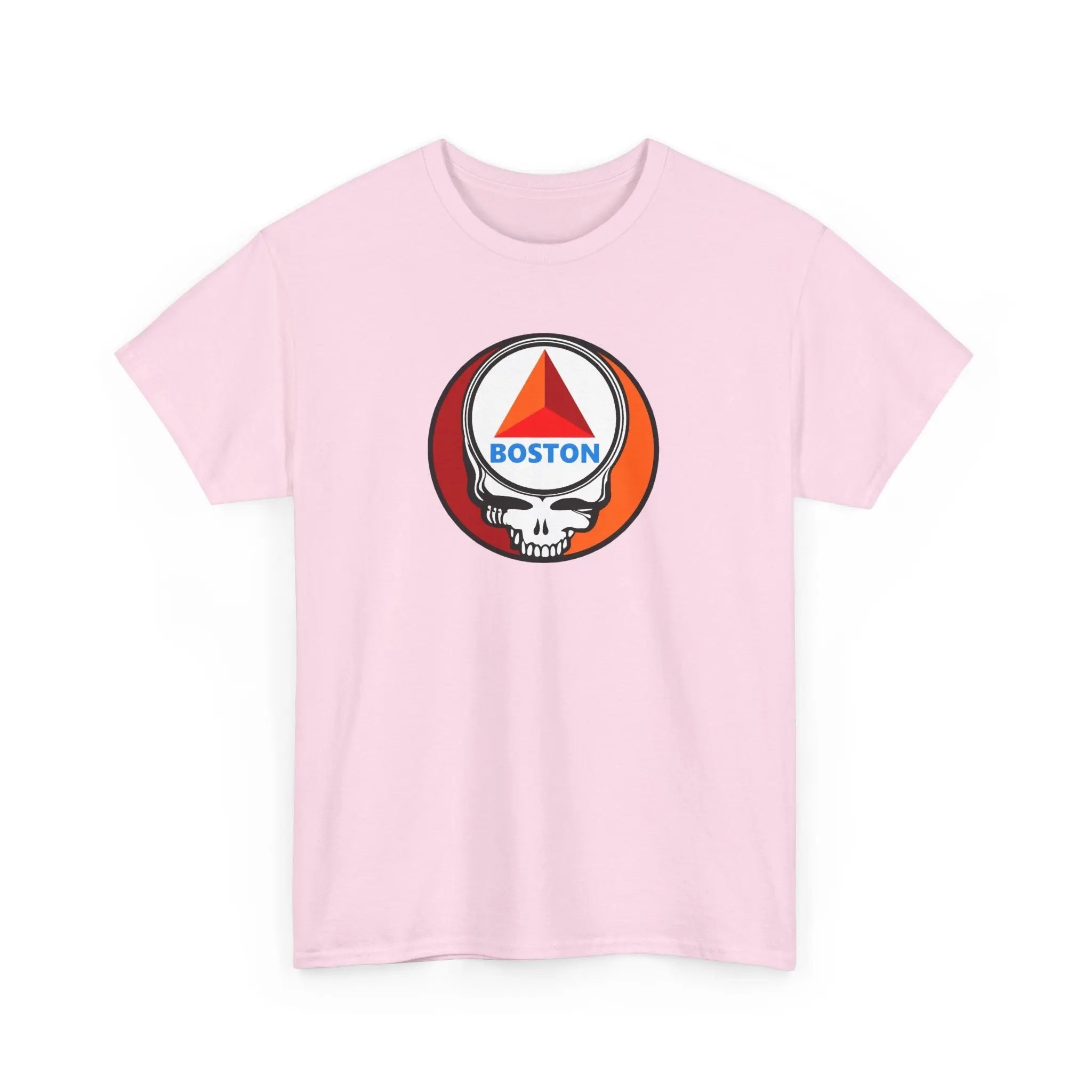 Light pink T-shirt with circular Boston skull graphic at chest