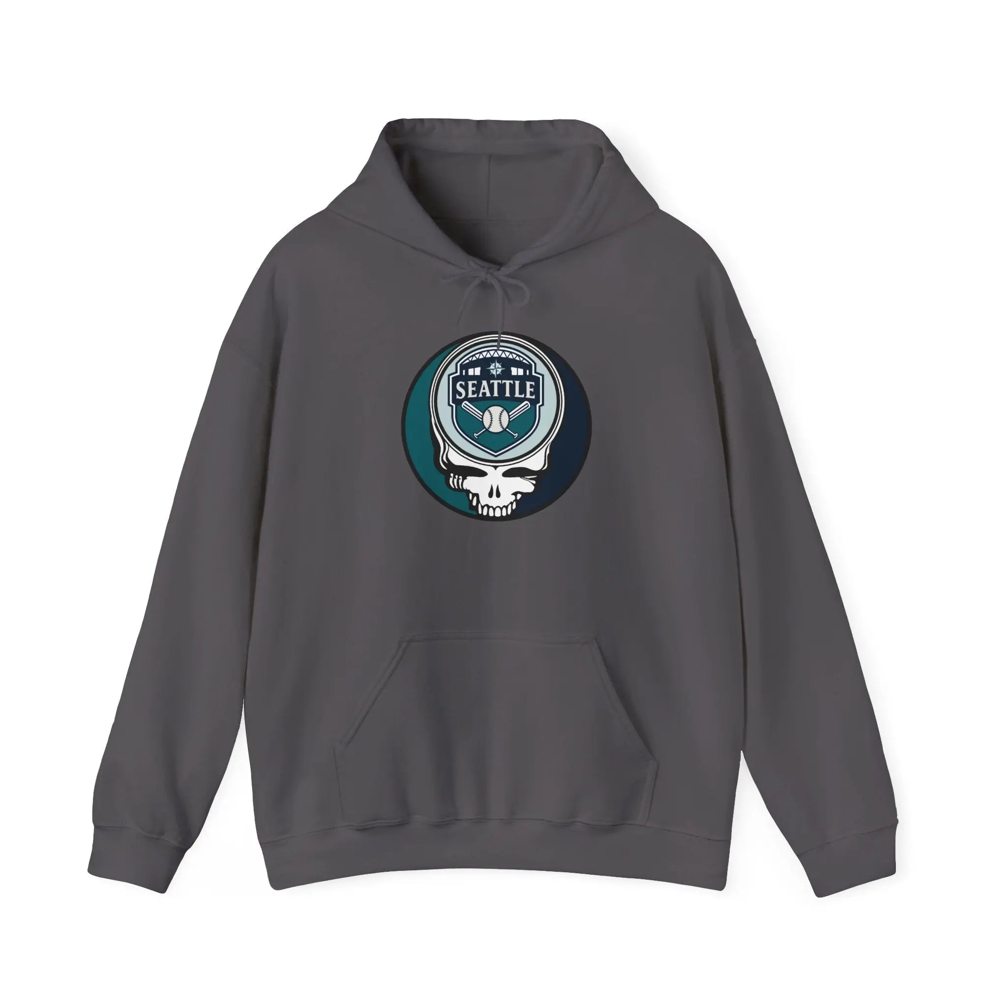 Seattle Mariners hoodie in charcoal with front circular logo, hood drawstring, kangaroo pocket