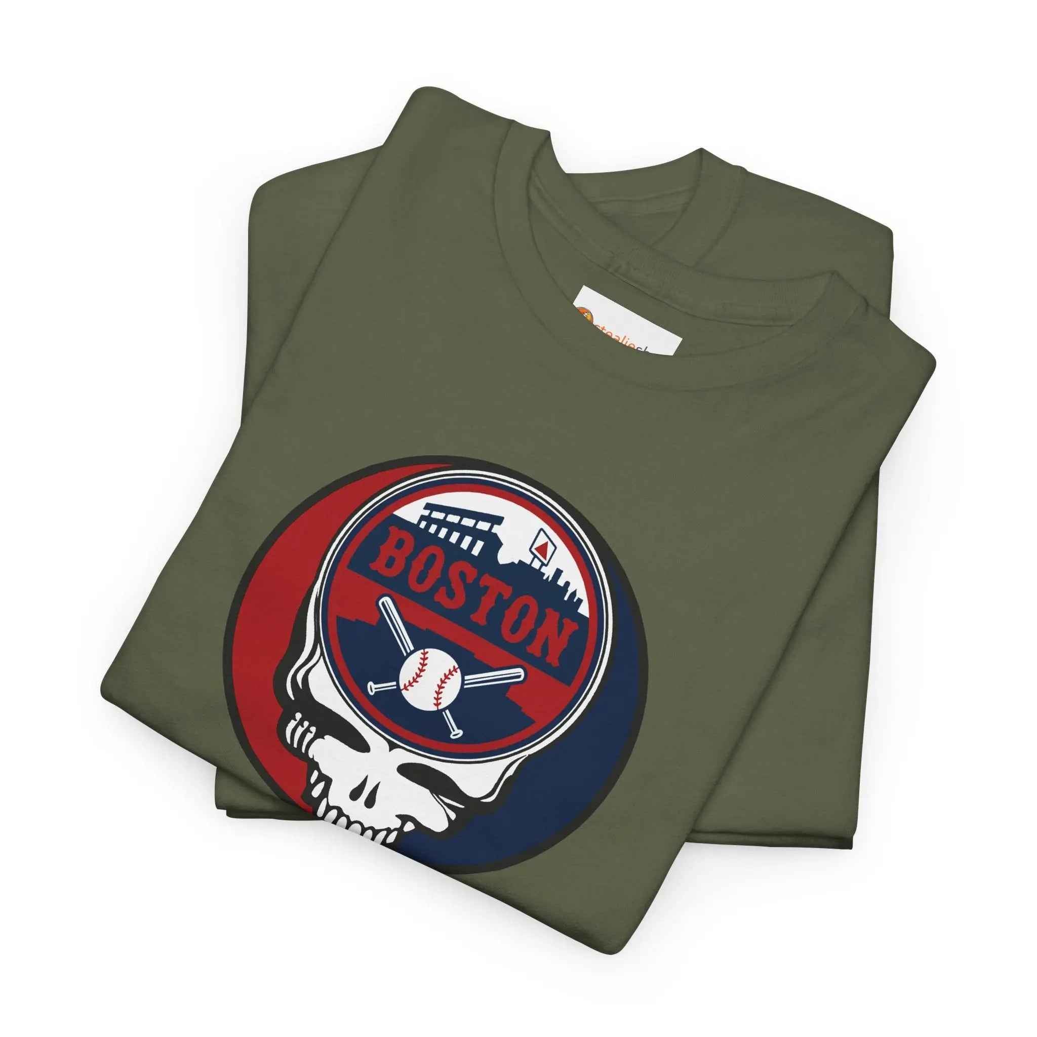 Olive green crewneck T-shirt with circular Boston logo and skull graphic
