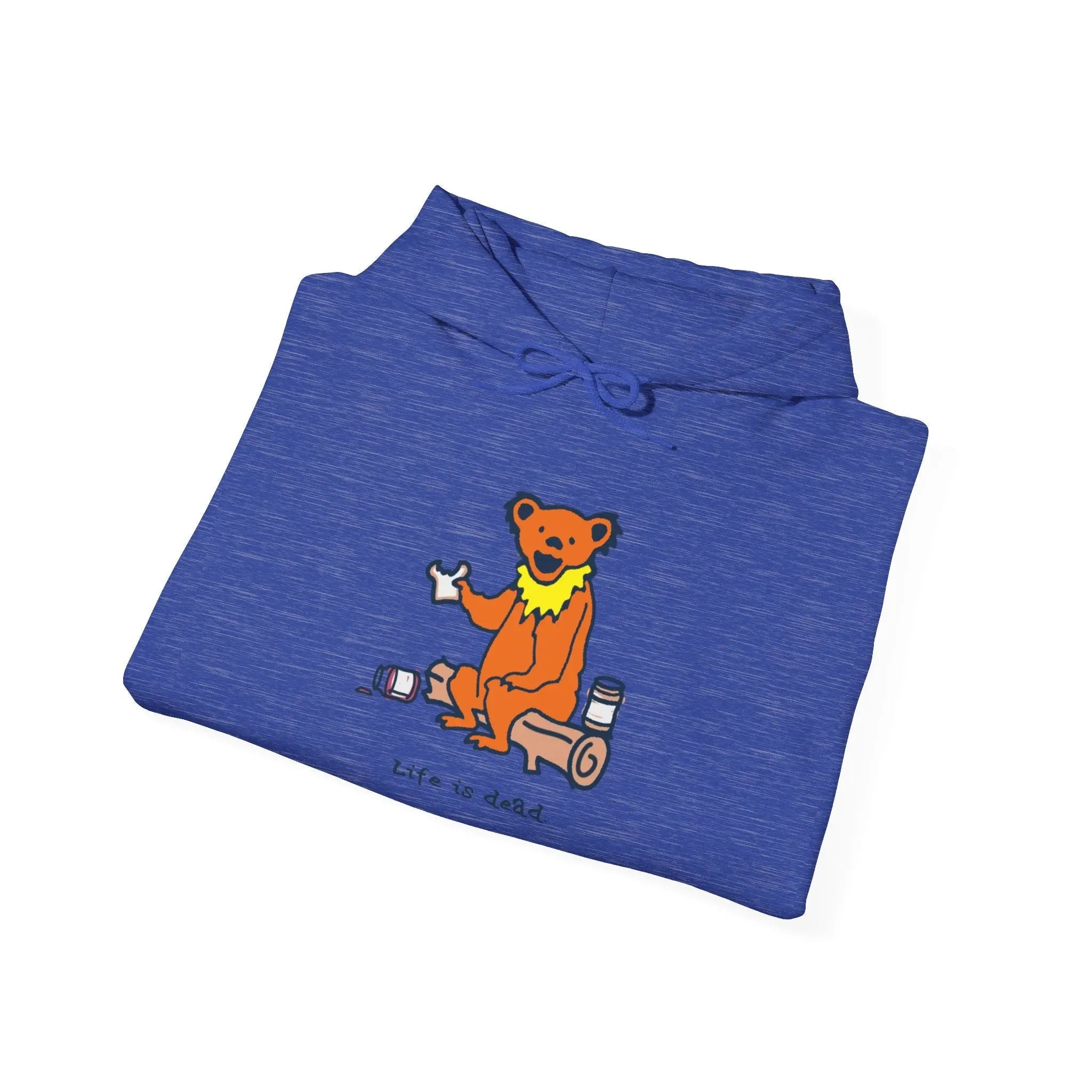 Heather blue bear hoodie with orange bear graphic on chest, front pocket