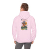 Light pink ski-themed hoodie with back graphic; hood and long sleeves