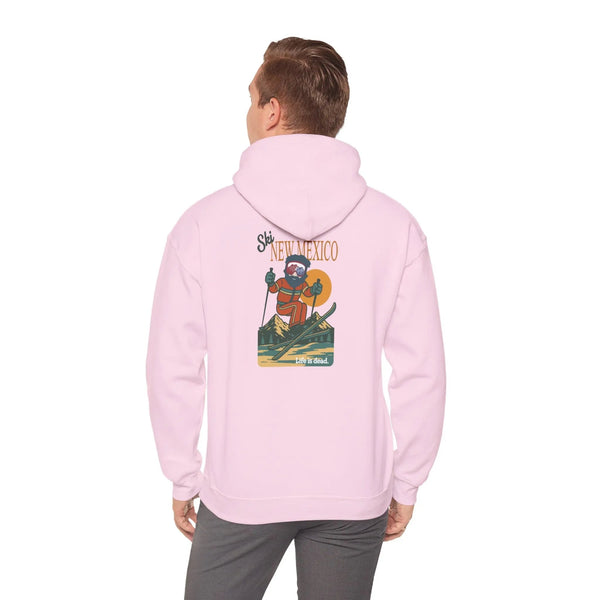 Light pink ski-themed hoodie with back graphic; hood and long sleeves