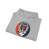 Light gray pullover hoodie with Detroit logo graphic, folded view