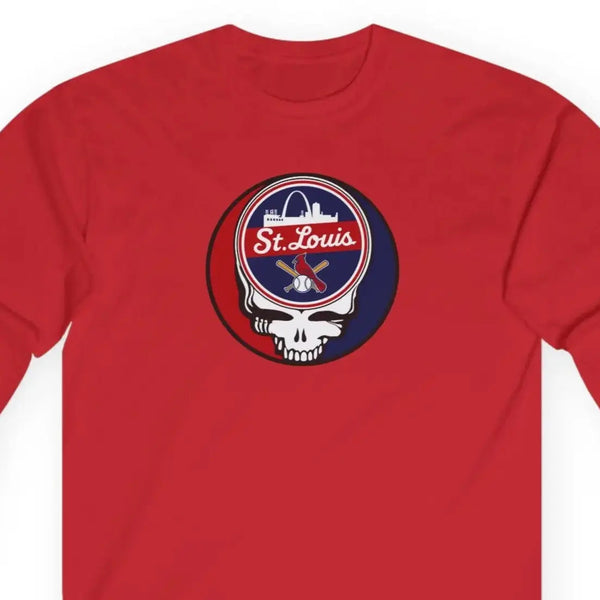 Red long-sleeve T-shirt with St. Louis circular logo graphic on chest