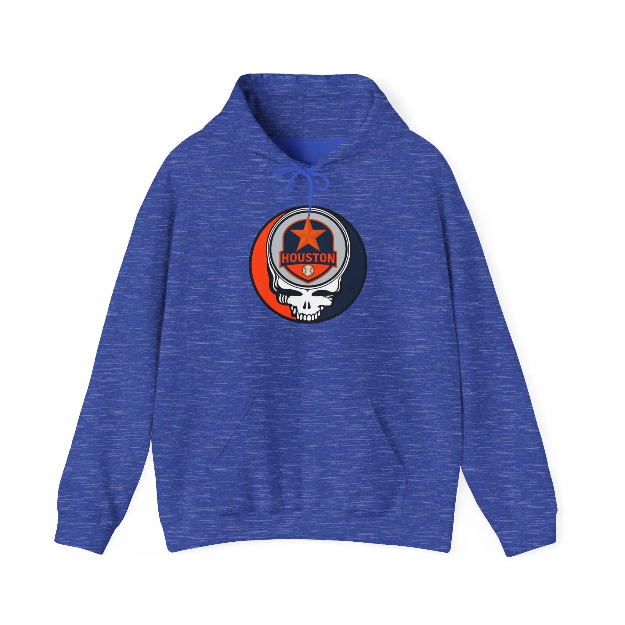 Blue heather pullover hoodie with Houston logo patch on chest