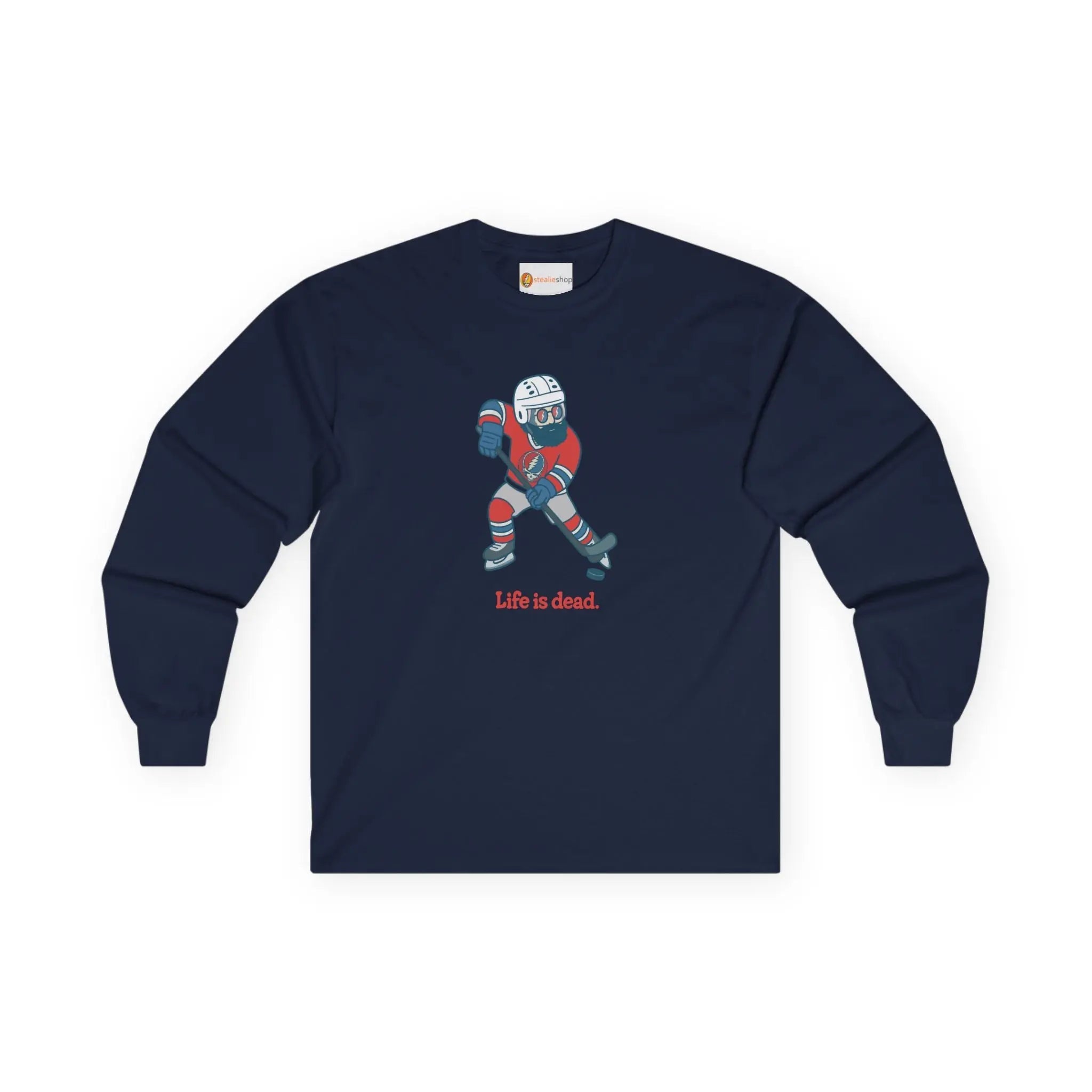 Navy long-sleeve graphic T-shirt with hockey player and 'Life is dead' print