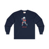 Navy long-sleeve graphic T-shirt with hockey player and 'Life is dead' print