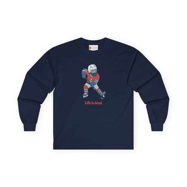 Navy long-sleeve graphic T-shirt with hockey player and 'Life is dead' print