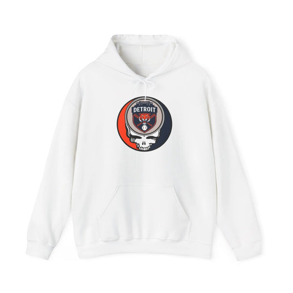 White pullover hoodie with Detroit logo graphic and front pocket