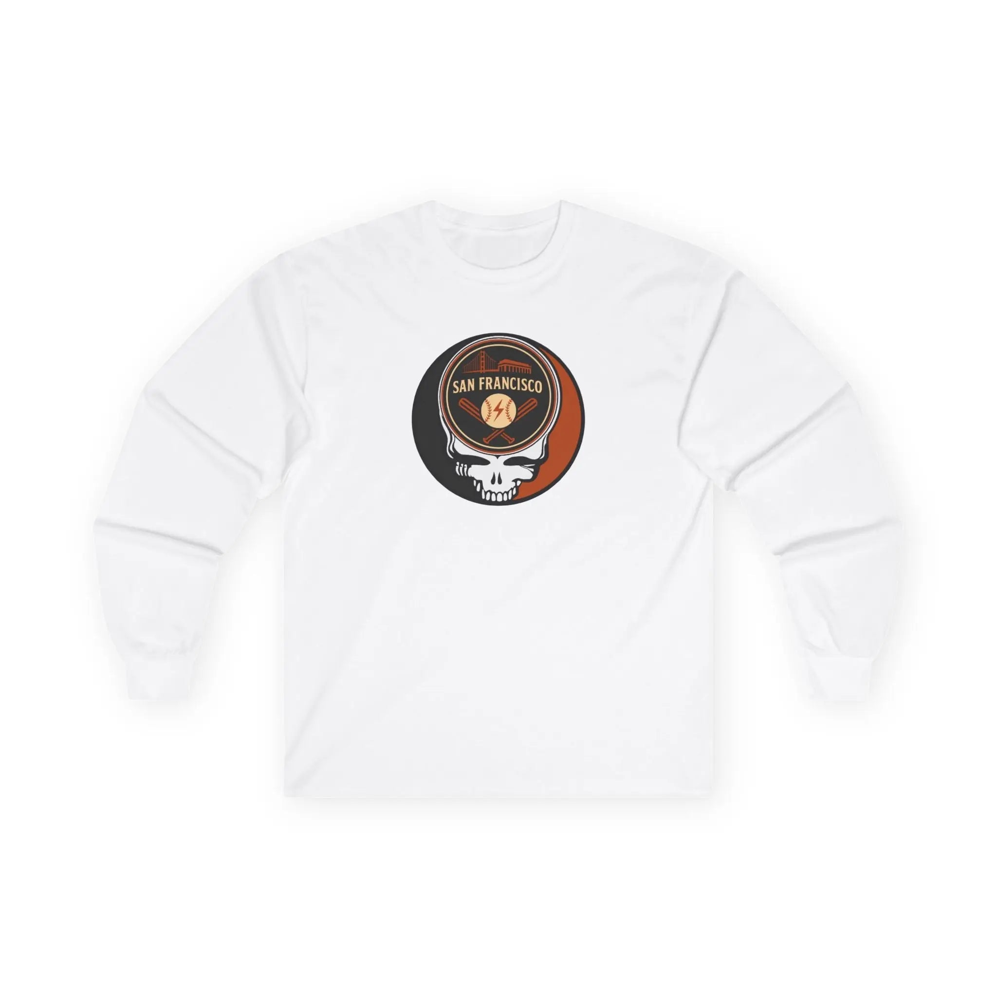 San Francisco Giants white long-sleeve T-shirt with Stealie skull emblem center front